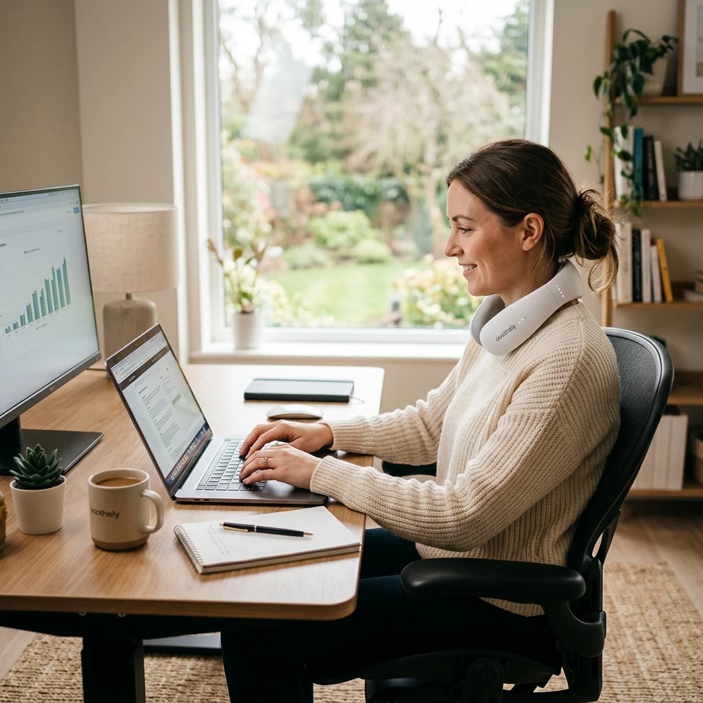Professional wearing Soothely Neck Massager while working comfortably at a desk computer