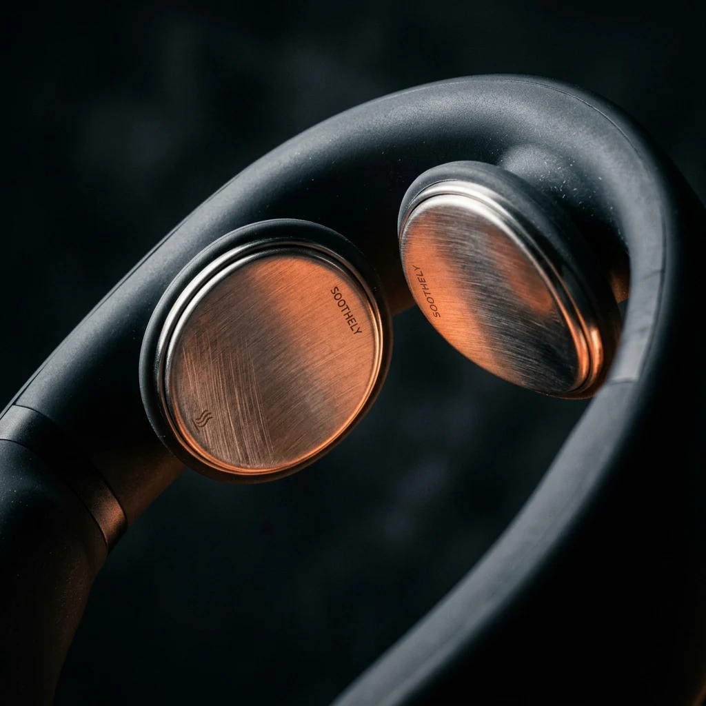 Close-up of Soothely Neck Massager floating stainless steel electrode pads with warming glow