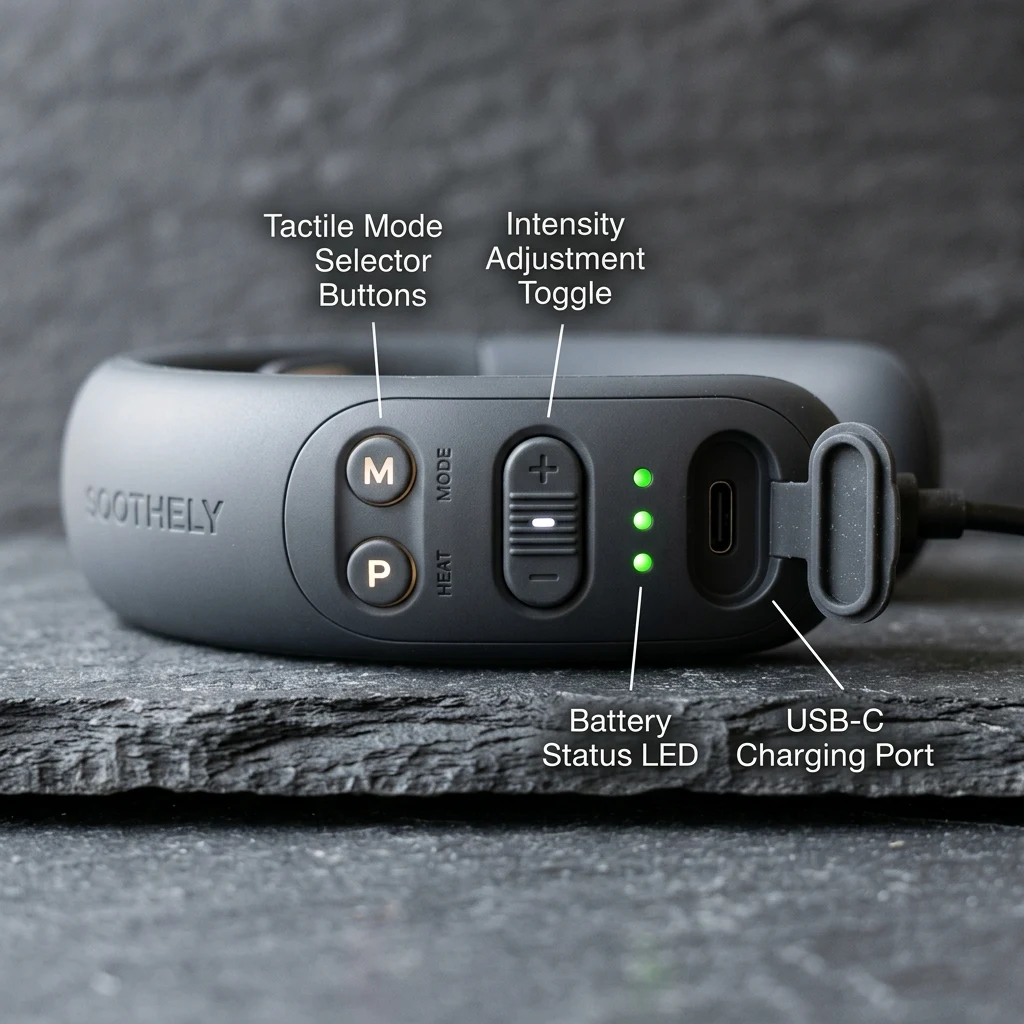 Soothely Neck Massager side control panel with power button and USB charging port