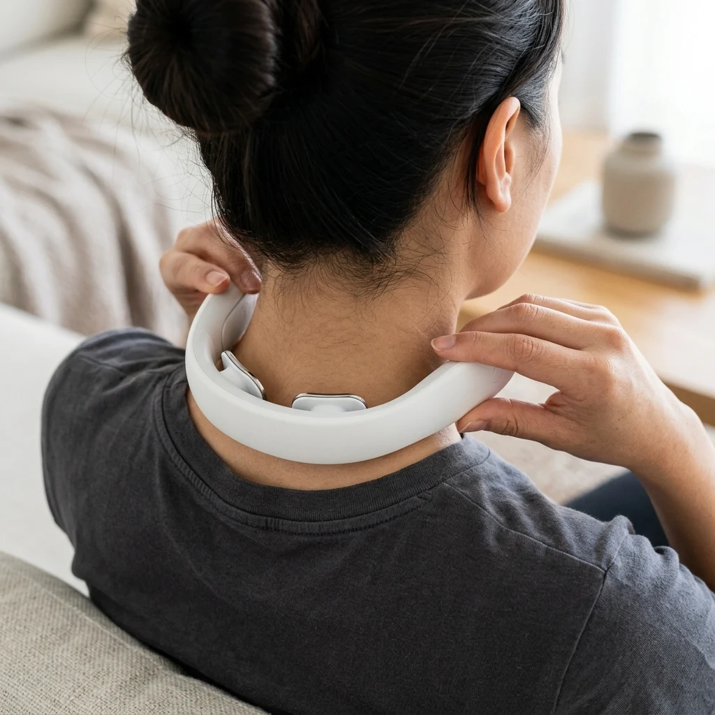 Step 1: Placing Soothely Neck Massager comfortably around neck with skin contact