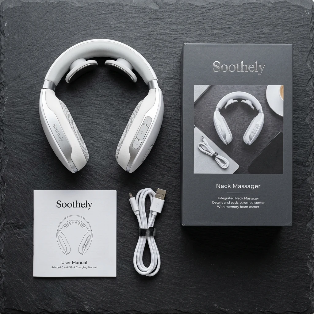 Knolling unboxing layout showing Soothely Neck Massager, braided USB-C cable, travel pouch, and user manual